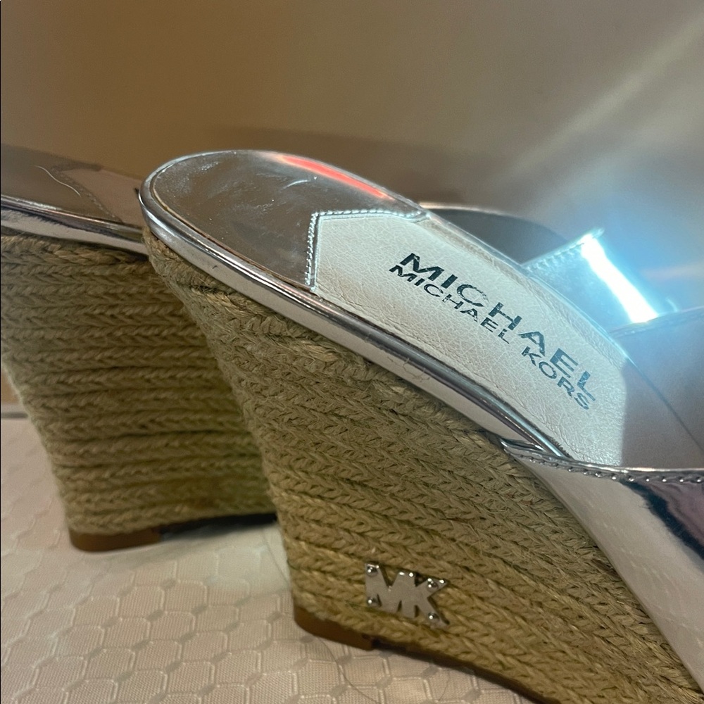 Michael Kors Shiny Silver Wedge Sandals - Picture 2 of 11